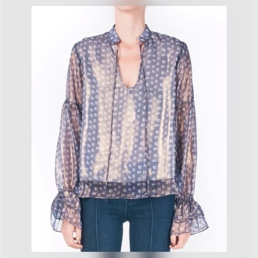 Waverly Grey Beth Blouse Iridescent Chiffon Long Sleeves Ruffle Cuffs S